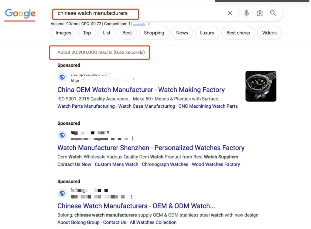 Screenshot of Google search for Chinese watch manufacturers