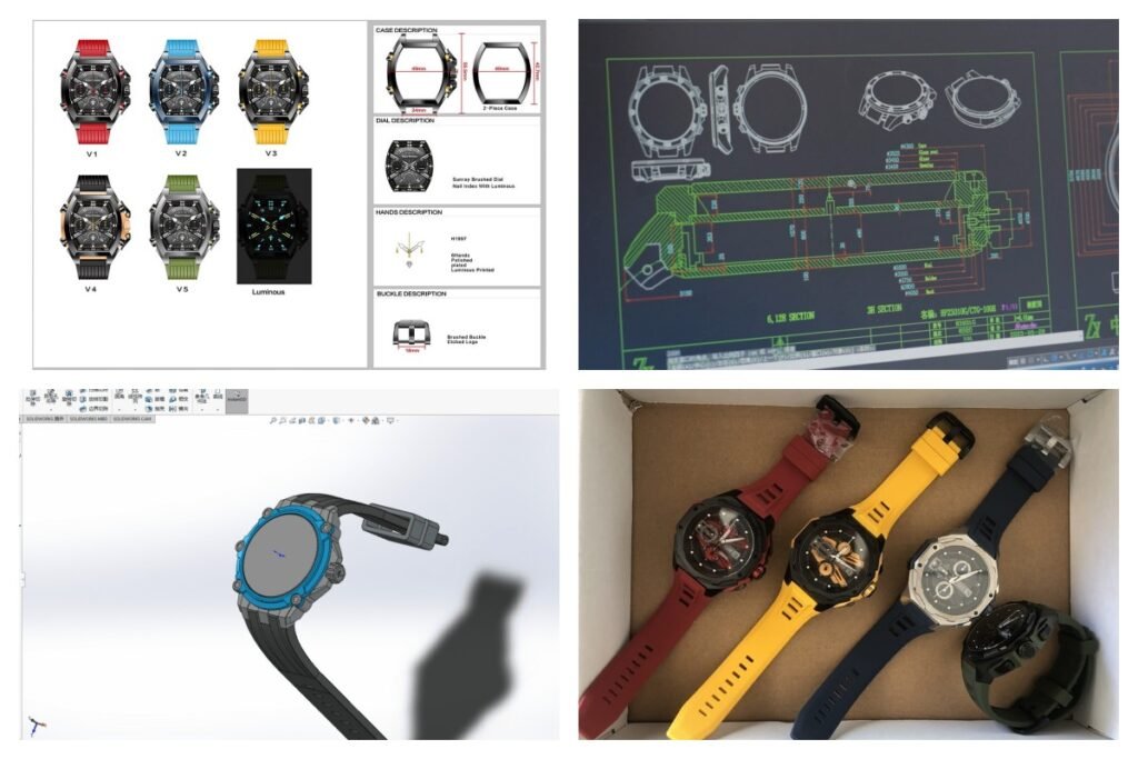 Collection of watch drawings and prototype designs