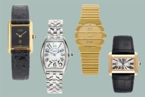 From left: Cartier Must de Cartier Tank in sterling silver gilt, 1970s; Franck Muller Cintrée Curvex in stainless steel, 1990s; Piaget Polo in 18-karat yellow gold, 1980s; Cartier Tank Divan in yellow gold, 2000s